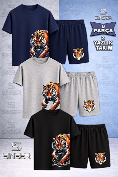 SS SİNSER Children's Tiger Side Claw Printed Crew Neck 3-Piece T-Shirt - Shor...