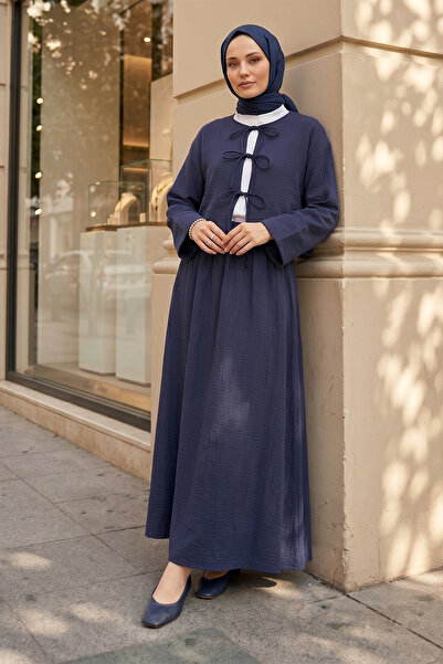 MODAQU Linen Lace-Up Skirt Blouse Top and Bottom Set - Navy Blue