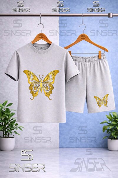 SS SİNSER Children's Buttrfly Gold Color Printed Crew Neck T-Shirt - Shorts Set