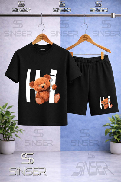 SS SİNSER Children's Hi Bear White Printed Crew Neck T-Shirt - Shorts Set