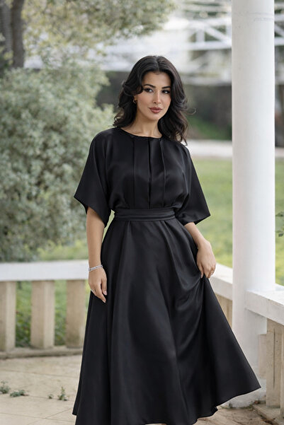 KADNER KADIN SİYAH KLOŞ MİDİ BOY LARA ABİYE ELBİSE