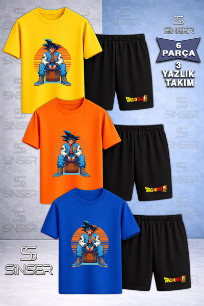 SS SİNSER Children's Goku Sitting on the Moon Orange Printed Crew Neck 3-Piec...