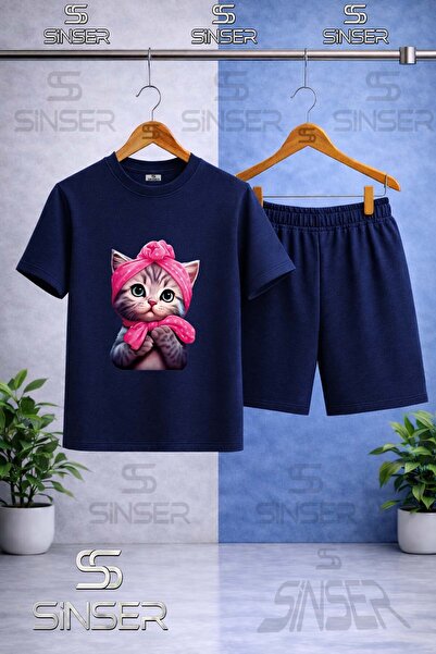 SS SİNSER Children's Seker Cat Half Printed Crew Neck T-Shirt - Shorts Set
