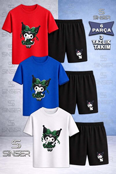 SS SİNSER Children's Kromi Green Dress Printed Crew Neck 3-Piece T-Shirt - Sh...