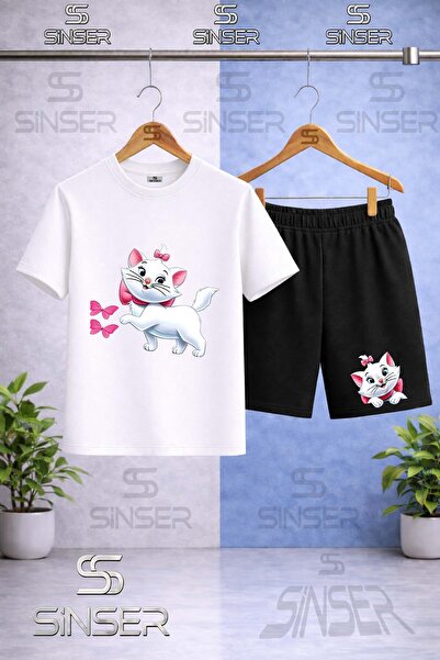 SS SİNSER Children's Cat Butterfly Printed Crew Neck T-Shirt - Shorts Set