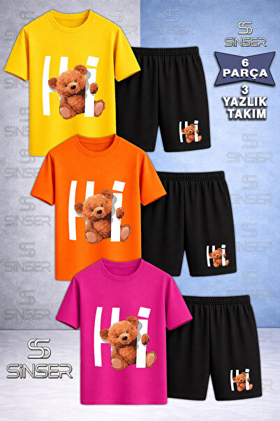 SS SİNSER طقم شورت للأطفال مكون من 3 قطع برقبة دائرية وطباعة بيضاء من HI AYIC...