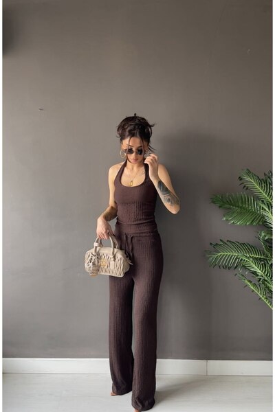 Auroveen Back Low-Cut Detailed Halter Neck Ribbed Blouse Pantalon Top and Bot...