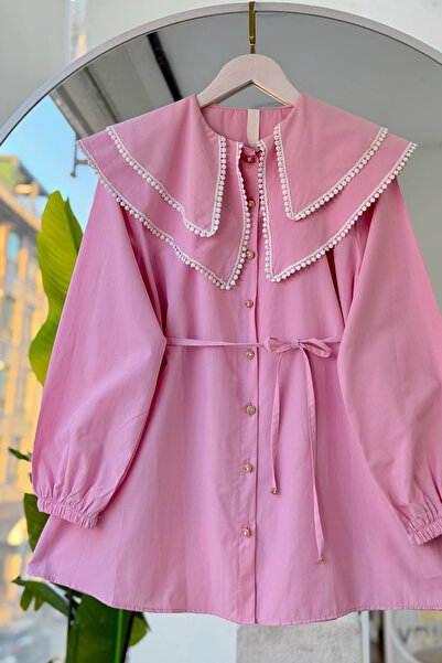 Lusin Women's Pink Layered Collar Lace-Up Waist Romantic Cut Shirt