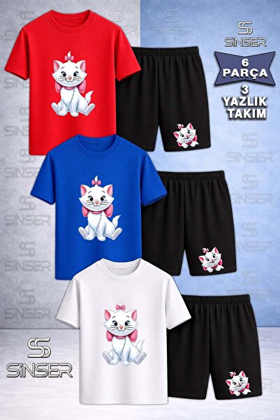 SS SİNSER Children's Cat Sitting with Ribbon Printed Crew Neck 3-Piece T-Shir...