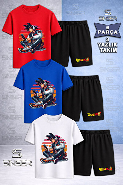 SS SİNSER Children's Goku Phone Headset Sitting Printed Crew Neck 3-Piece T-S...