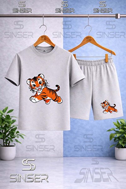 SS SİNSER Παιδικό T-Shirt με στάμπα Tiger Drawing Cute - Σετ με σορτς