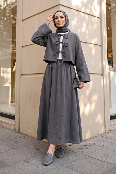 MODAQU Linen Lace-Up Skirt Blouse Top and Bottom Set - Anthracite