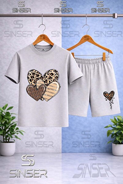 SS SİNSER Children's Heart Leopard Pattern Printed Crew Neck T-Shirt - Shorts...