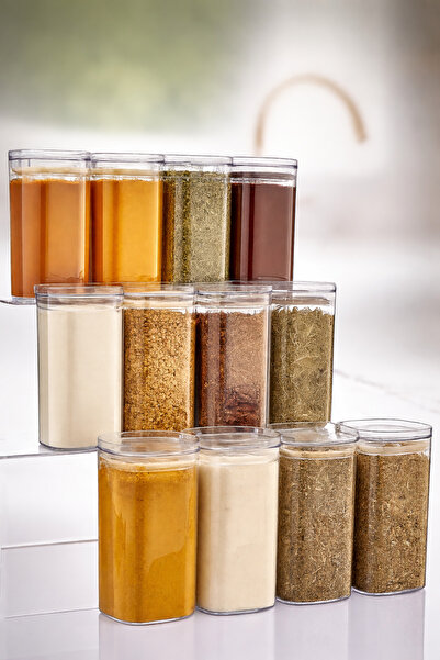 evolis kitchen Set of 12 Acrylic Vacuum Square Spice Containers with Labels, 350 ml Spice Container Set with Leak-Proof Lids