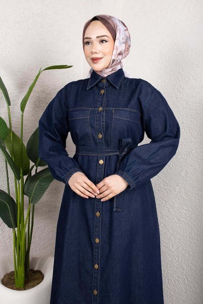 MİSSKAYLE Shirt Collar Belted Denim Dress – Long Hijab Jean Model Dark Blue