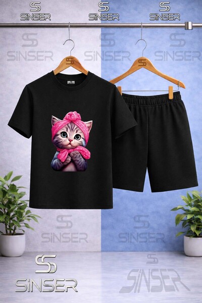 SS SİNSER Children's Seker Cat Half Printed Crew Neck T-Shirt - Shorts Set