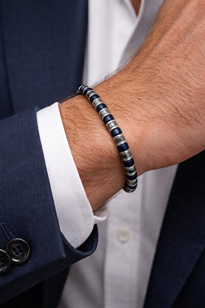 nss sky rock Cylinder Cut Navy Blue Star Stone and Hematite Natural Stone Bra...