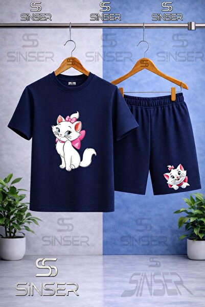 SS SİNSER Children's Cat with Ribbon Side Printed Crew Neck T-Shirt - Shorts Set