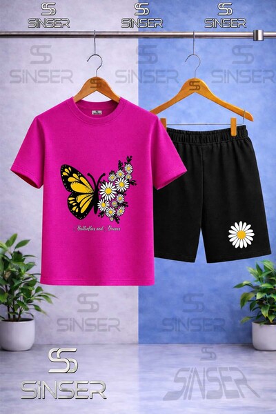 SS SİNSER Children's Buttrfly Yellow Wing Daisy Printed Crew Neck T-Shirt - S...