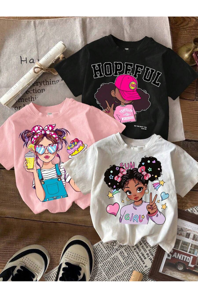 Girls Printed T-Shirt Cotton Summer 3-Piece Colorful Patterned T-Shirt