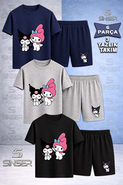 SS SİNSER Children's Kromi and My Melody Printed Crew Neck 3-Piece T-Shirt - ...