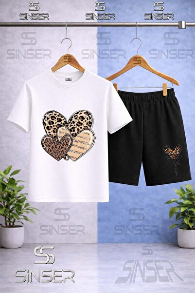 SS SİNSER Children's Heart Leopard Pattern Printed Crew Neck T-Shirt - Shorts...