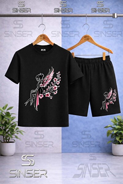 SS SİNSER Kids' Girls' Flowered Winged Printed Crew Neck T-Shirt - Shorts Set