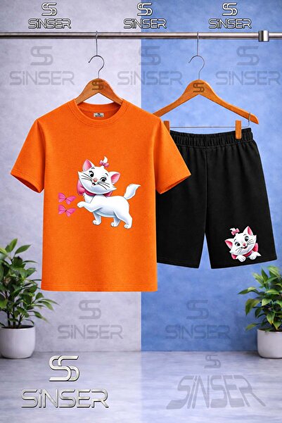 SS SİNSER Children's Cat Butterfly Printed Crew Neck T-Shirt - Shorts Set