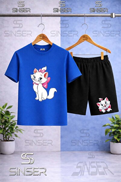 SS SİNSER Children's Cat with Ribbon Side Printed Crew Neck T-Shirt - Shorts Set