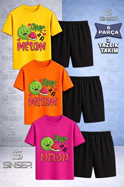 SS SİNSER Children's Watermelon One Melon Written Printed Crew Neck 3-Piece T...