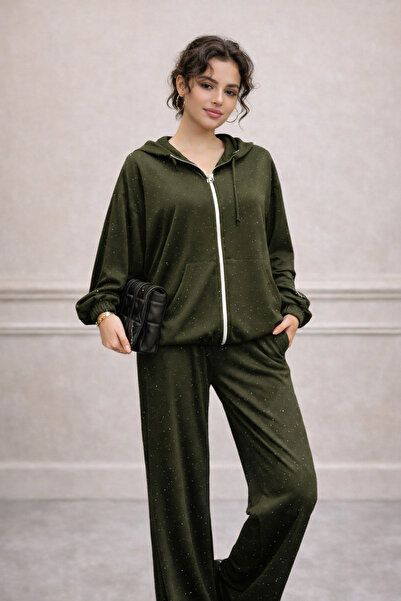 PELİNORA Women's Khaki Tracksuit Set with Hooded Zipper, Loose Fit, Stoned, T...