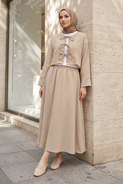 MODAQU Λινό Σετ Φούστα-Μπλούζα με Δαντέλα - Βιζόν