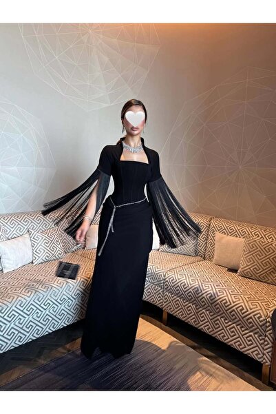 REVE Black Long Corset Dress with Fringed Drop Sleeves and Elegant Chain Belt.