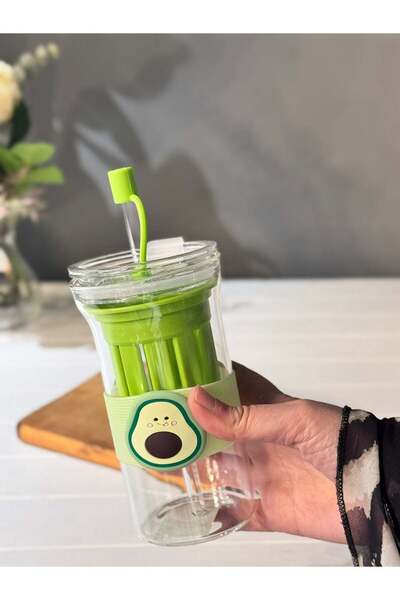 şirineşyalarım Kapaklı Cam Pipetli Meyve Detoks Kupa 390 ML - Avakado