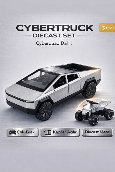 Oyunsal Diecast Metal Model Araç Tesla Cybertruck + Cyberquad Set 12 cm Çek B...