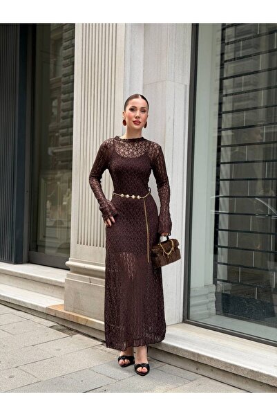 maf collection Γυναικείο φόρεμα με λεπτομέρεια στη μέση, καφέ, μάξι μήκους, μ...