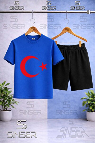 SS SİNSER Children's Moon Star Red Printed Crew Neck T-Shirt - Shorts Set