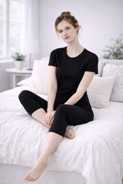 MyBen Γυναικείο βαμβακερό μαύρο σετ πιτζάμες κάπρι, άνετη εφαρμογή