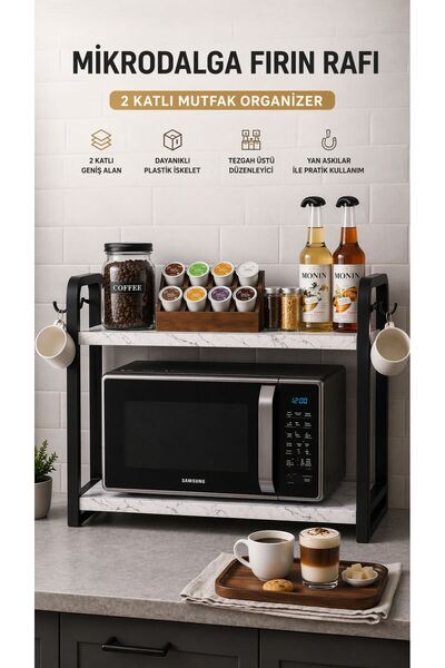 Bambus Home 2 Katlı Mikrodalga Rafı Kahve Köşesi Tezgah Üstü Mikrodalga Stand...