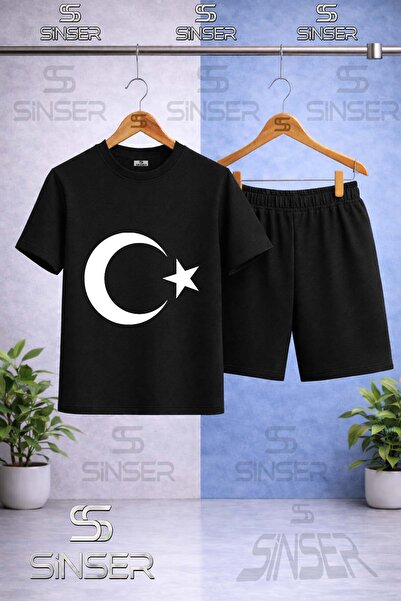 SS SİNSER تي شيرت برقبة دائرية مطبوع عليه AY STAR WHITE للأطفال - طقم شورت