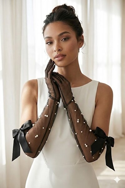 Hobigram Μαύρα γάντια από τούλι Elyndra Pearl Couture – Μακριά, πολυτελή αξεσ...