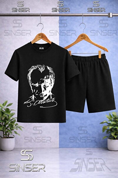 SS SİNSER Children's Ataturk Signed White Printed Crew Neck T-Shirt - Shorts Set