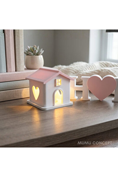 Mumu Dekoratif Işıklı Kalpli Home Yazısı ve Mini Ev Biblo Seti - Led Mumlu Hediyelik Biblo Obje - Pembe