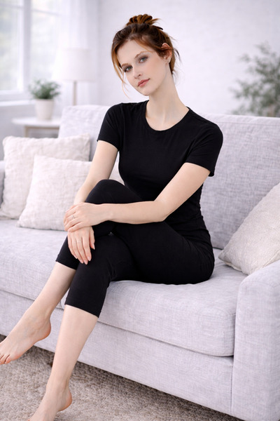 MyBen Set de pijamale capri negre din bumbac pentru femei, croială confortabilă