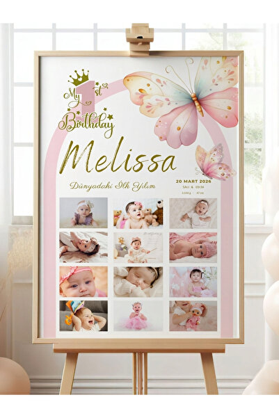 Gralanda Happy Birthday 1 Yaş Doğum Günü Kız Bebek Anı Panosu İsme Özel 12 ay...