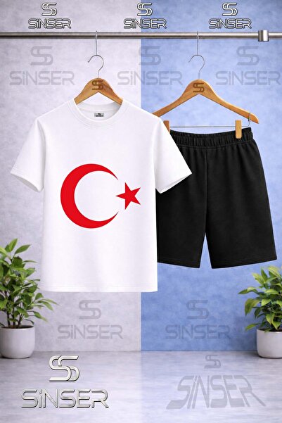 SS SİNSER Children's Moon Star Red Printed Crew Neck T-Shirt - Shorts Set
