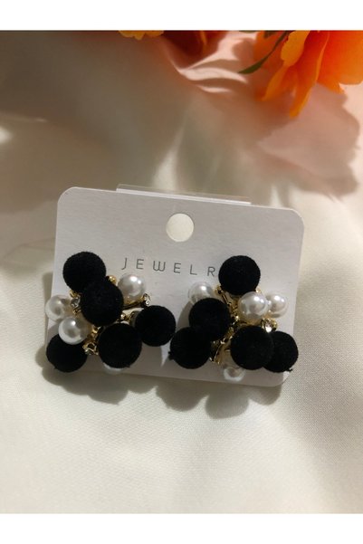 Home Black Earrings with Pom Poms