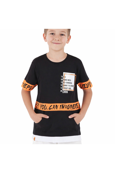 İrem Çocuk Giyim Boy's the Is Written Kangaroo Pocket T-Shirt with Text Patte...