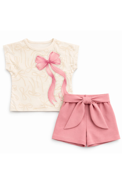 Minamino Girls' Ribbon Patterned Shorts Set – Soft Combed Cotton T-Shirt & Linen Belted Shorts (Ages 2-5)