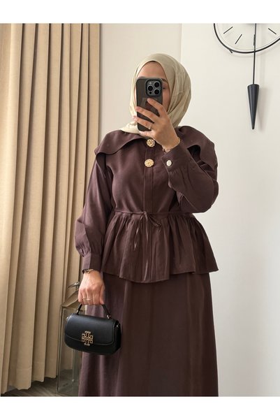 MERİÇ BOUTİQUE Gold Buttoned Mobile Belted Tencel Skirt Set